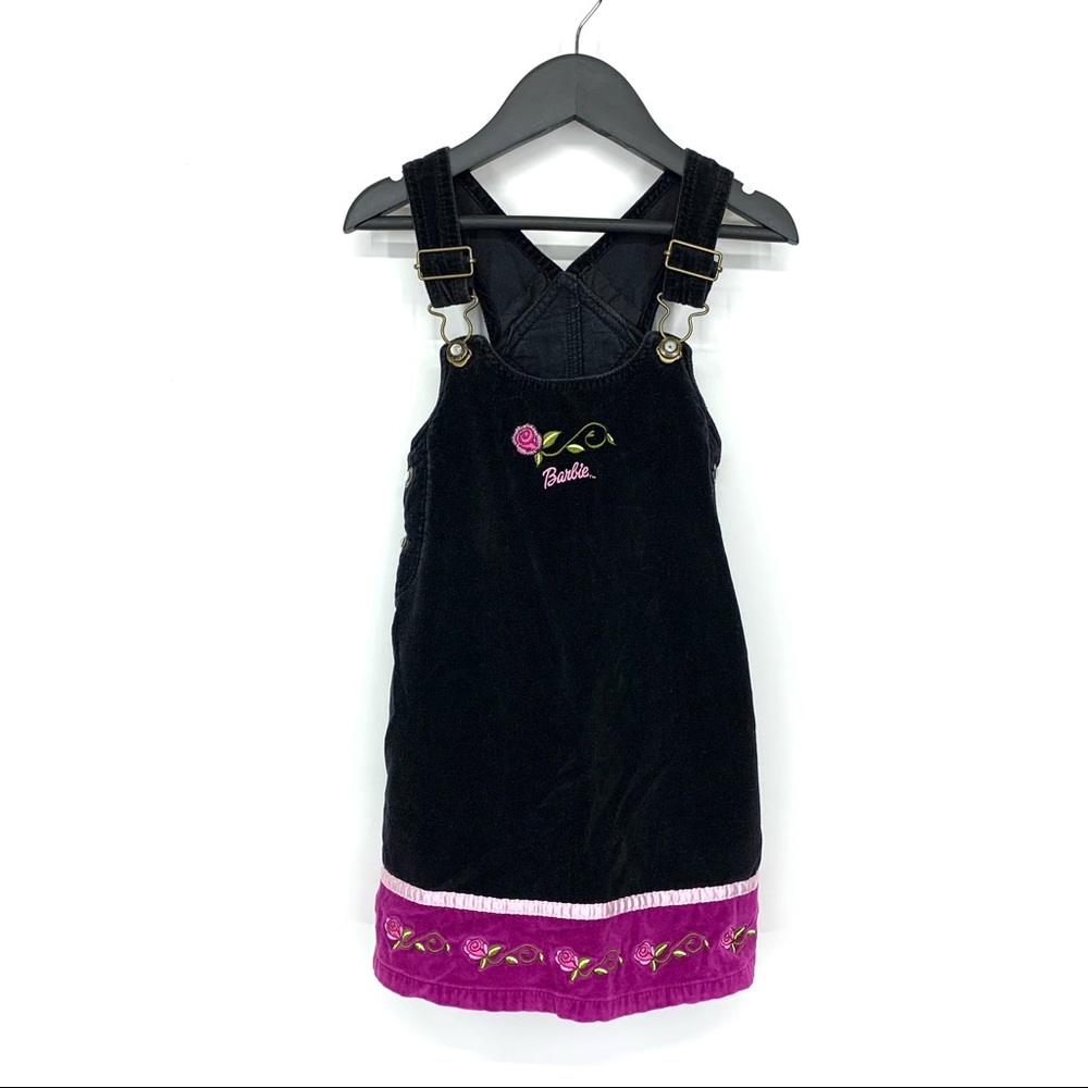 Rare Vintage Yr 2000 Barbie Avenue Rose Flowers Embroidered Velvet Overall Dress